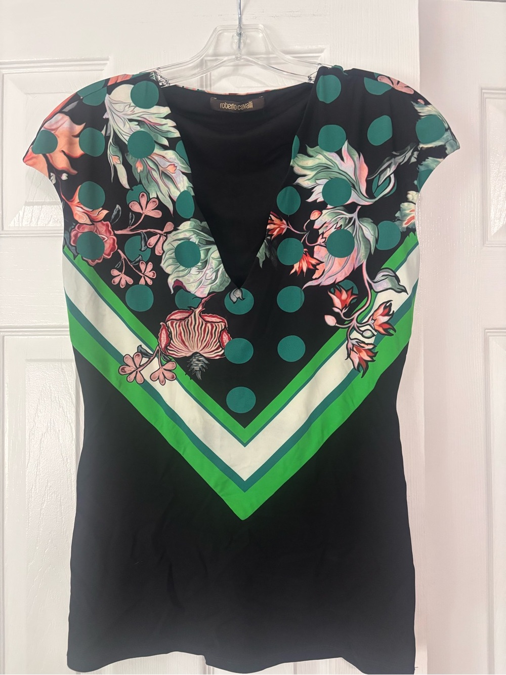 Roberto Cavalli Black Floral & Green V-Neck Top women’s size 44